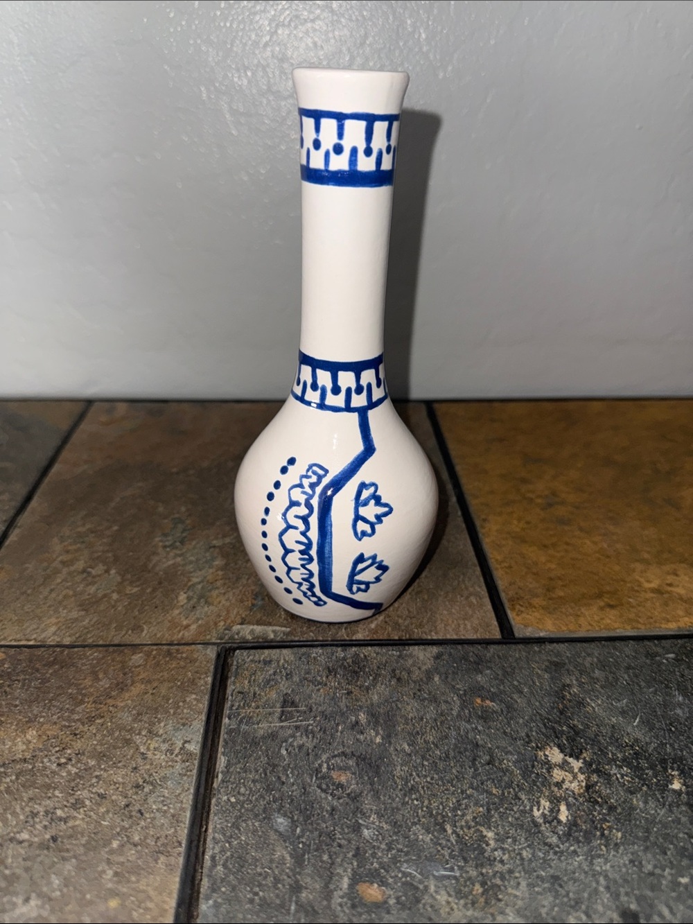 Source Unknown White Ceramic Vase with Blue Hand-Painted Motif